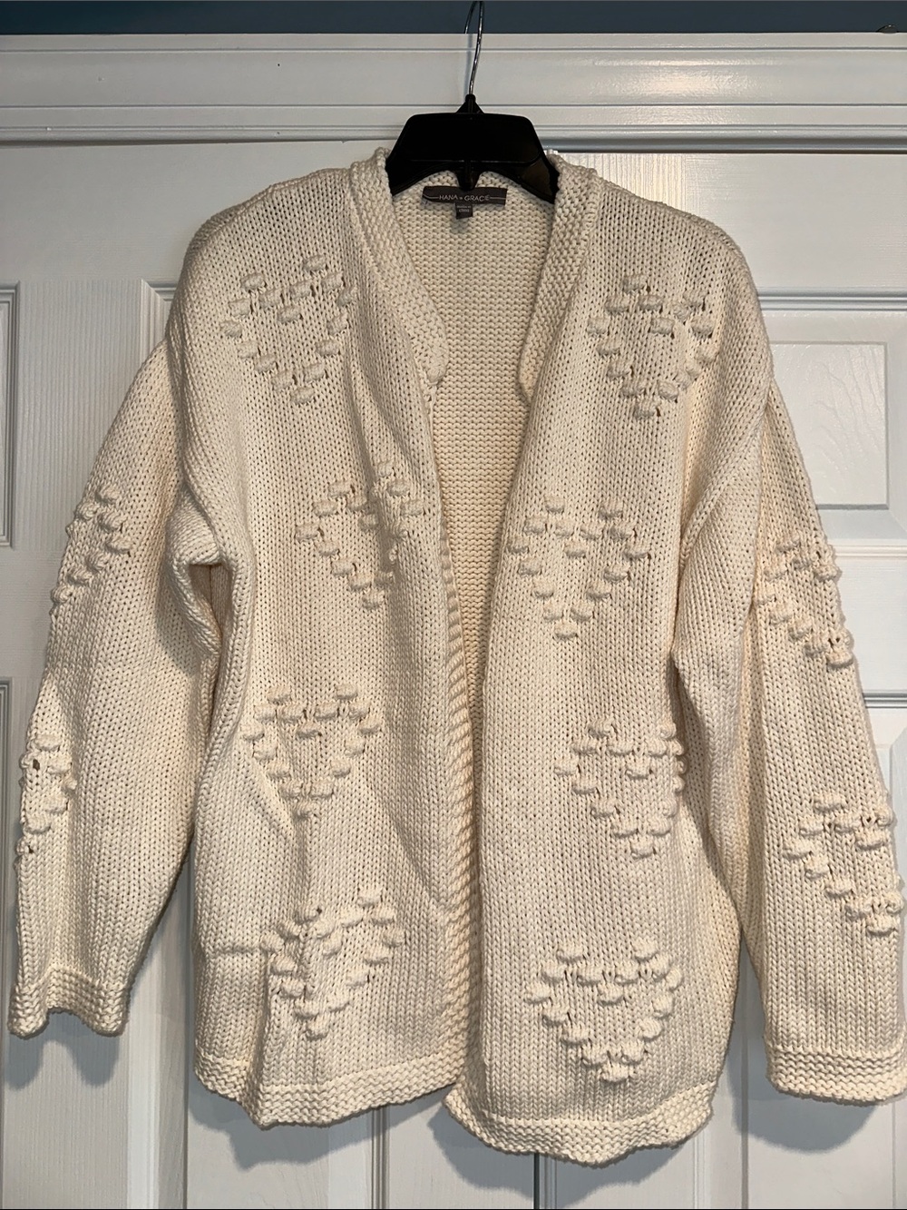 Open-Front Cream Heart Knit Cardigan
